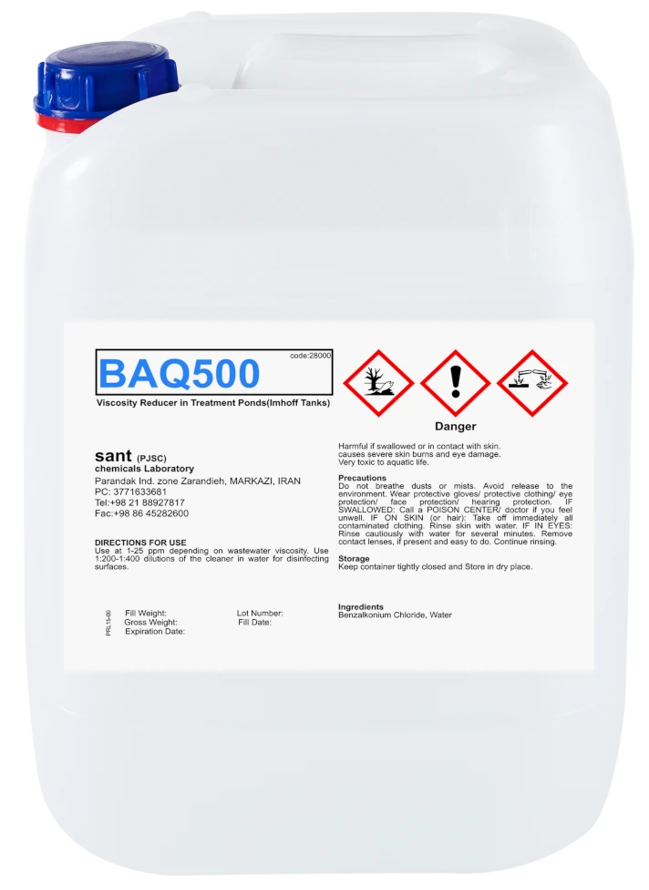 20-liter container of Sant's BAQ500: waste water treatment solution for reducing pollution and water thickness